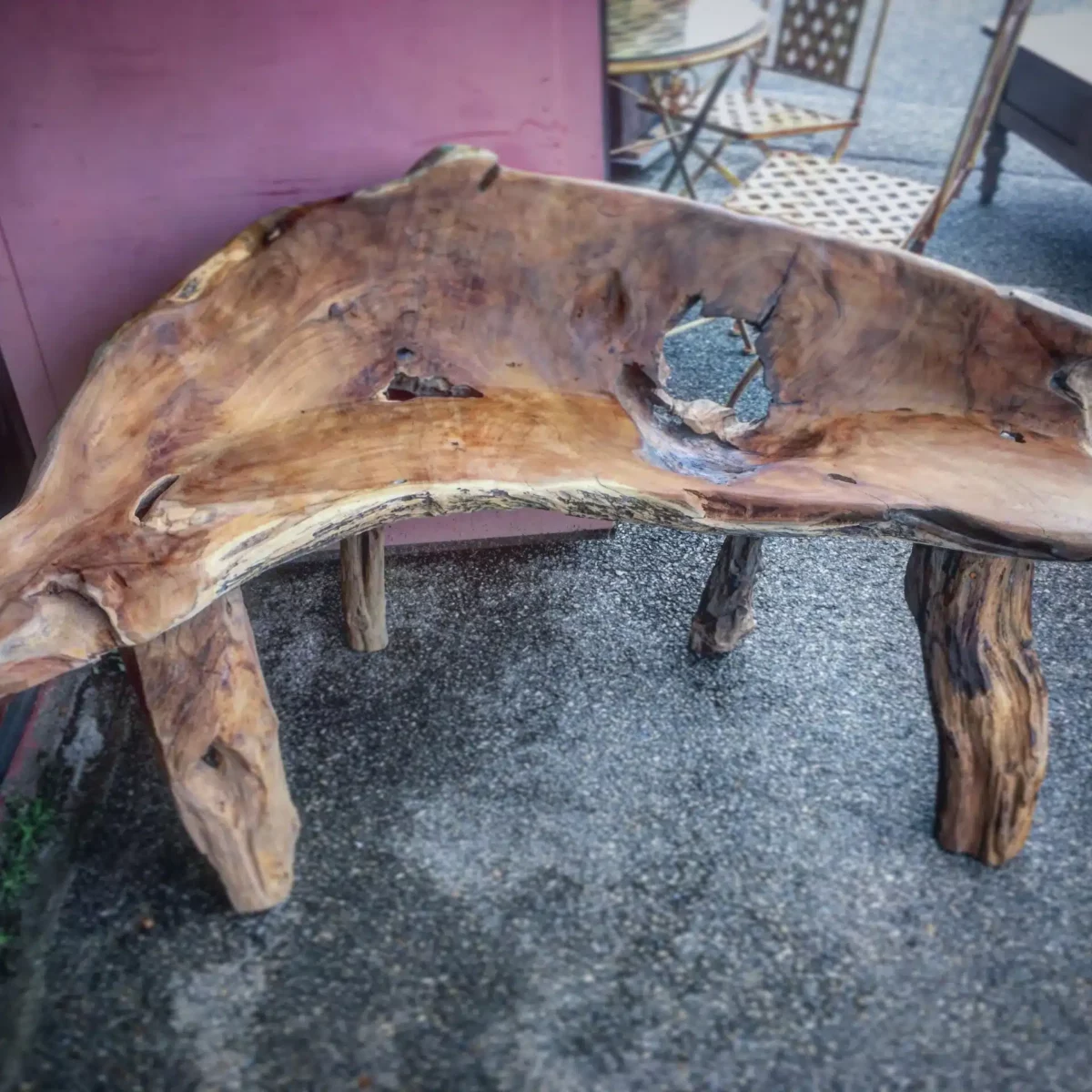 A driftwood bench