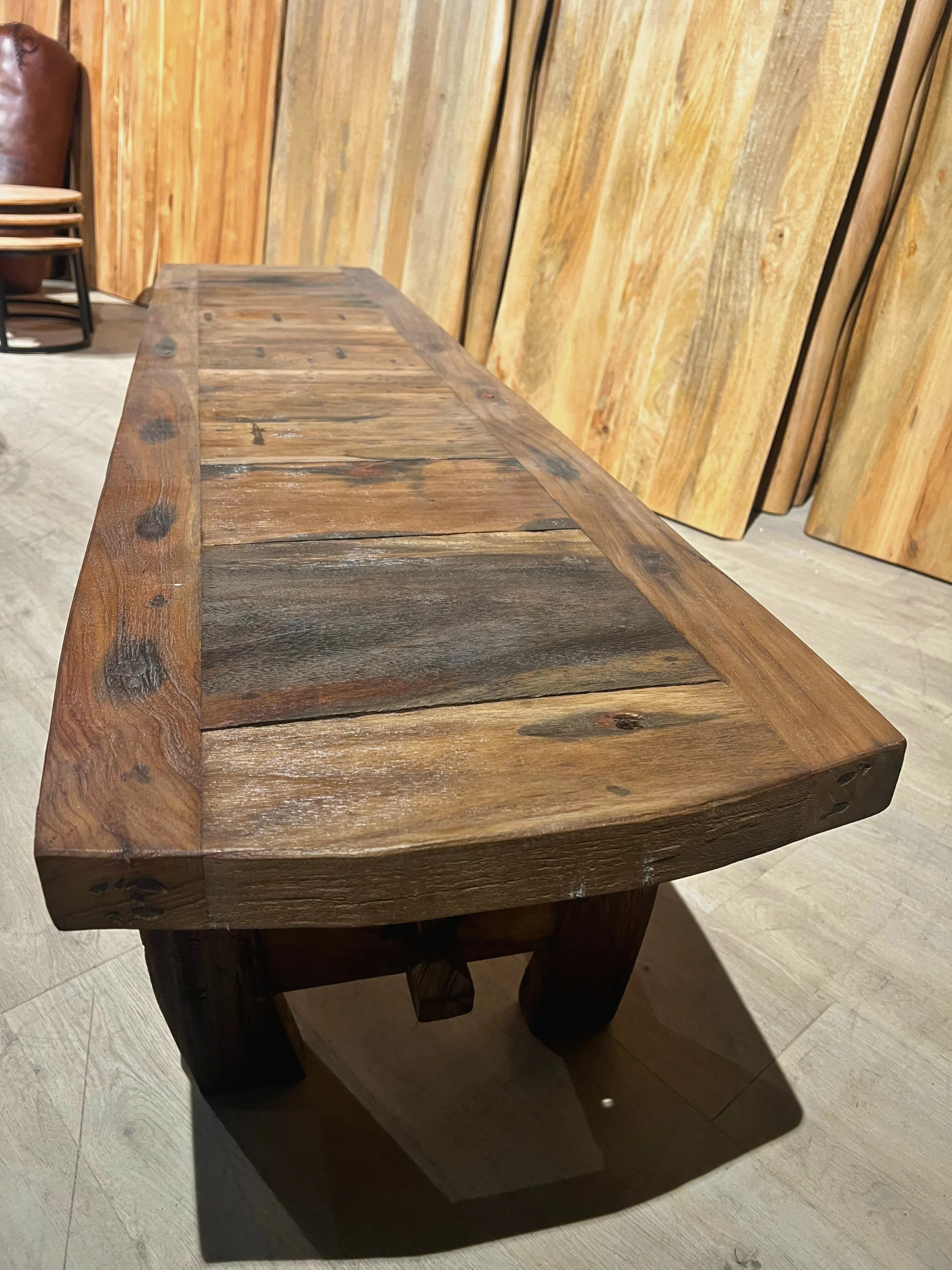 A bench made from recycled boat wood