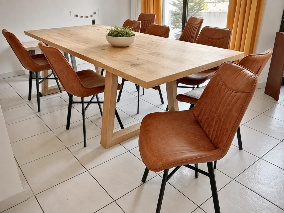 Une grande table à manger en chêne massif