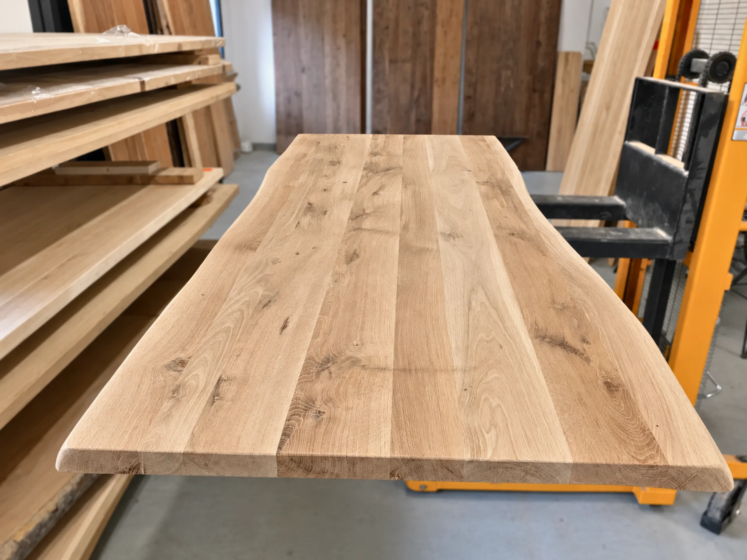 Un plateau de table en chêne clair dans un atelier