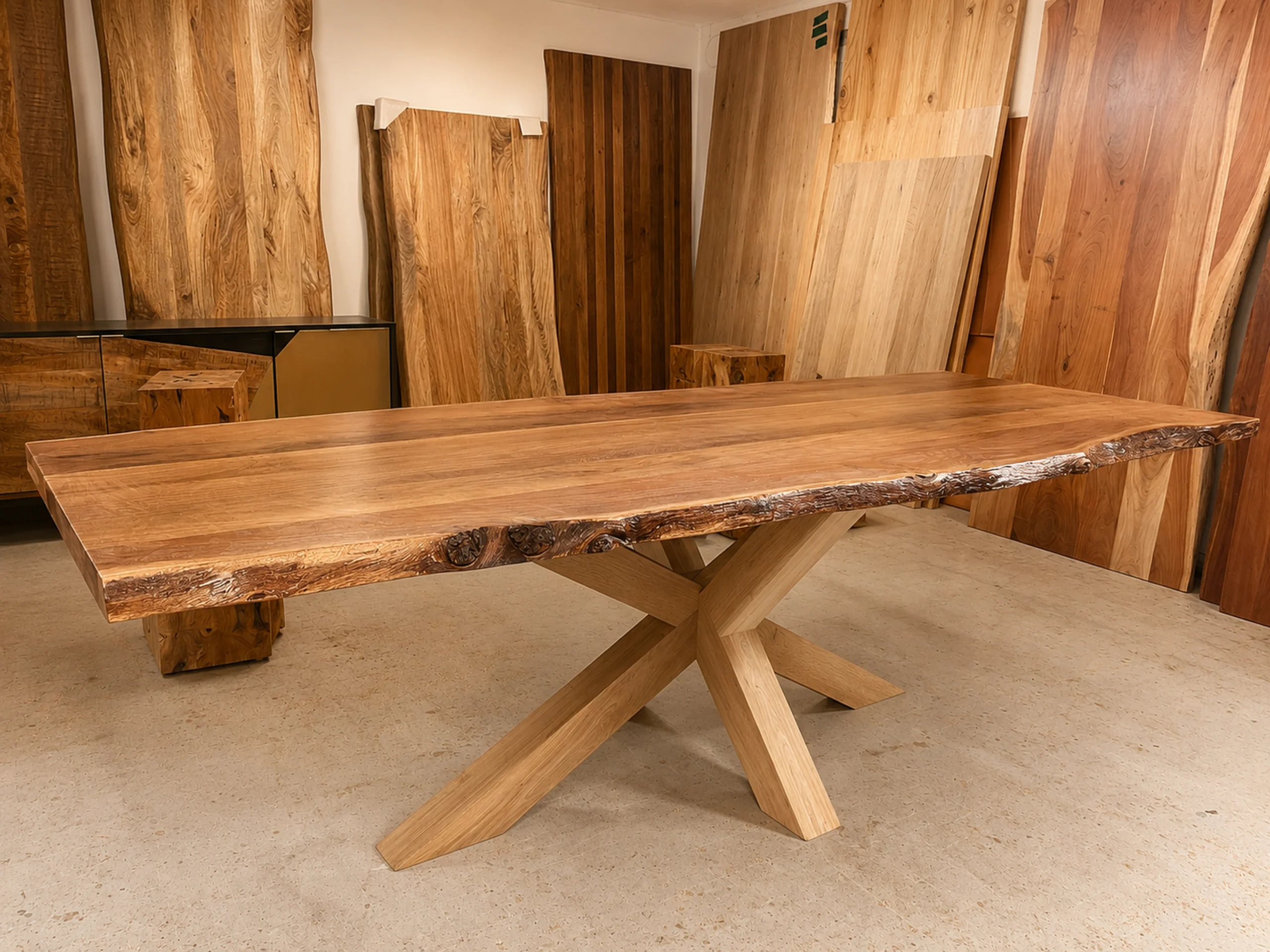 Une table avec un pied central en bois