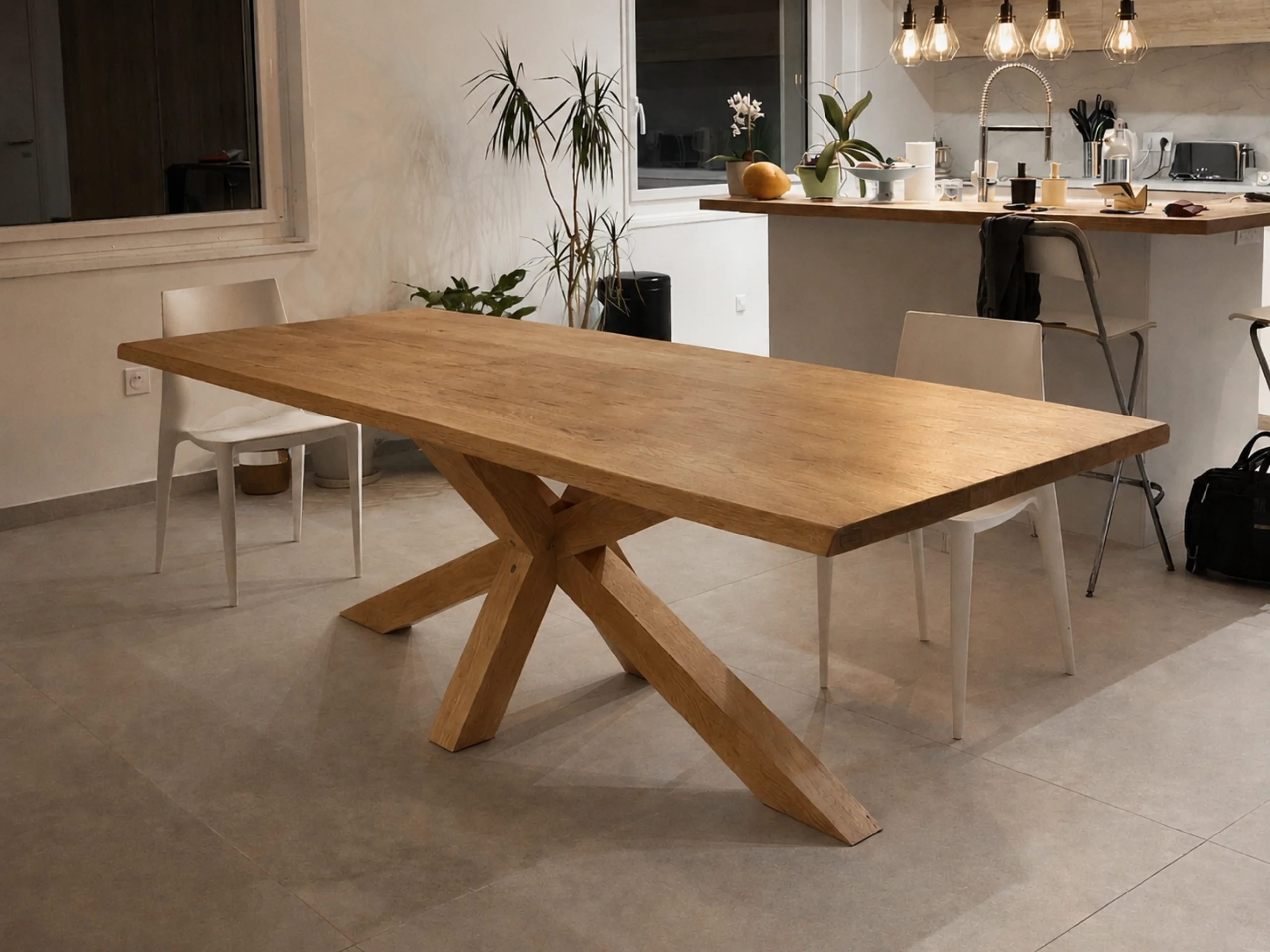 Une table avec un pied en chêne central