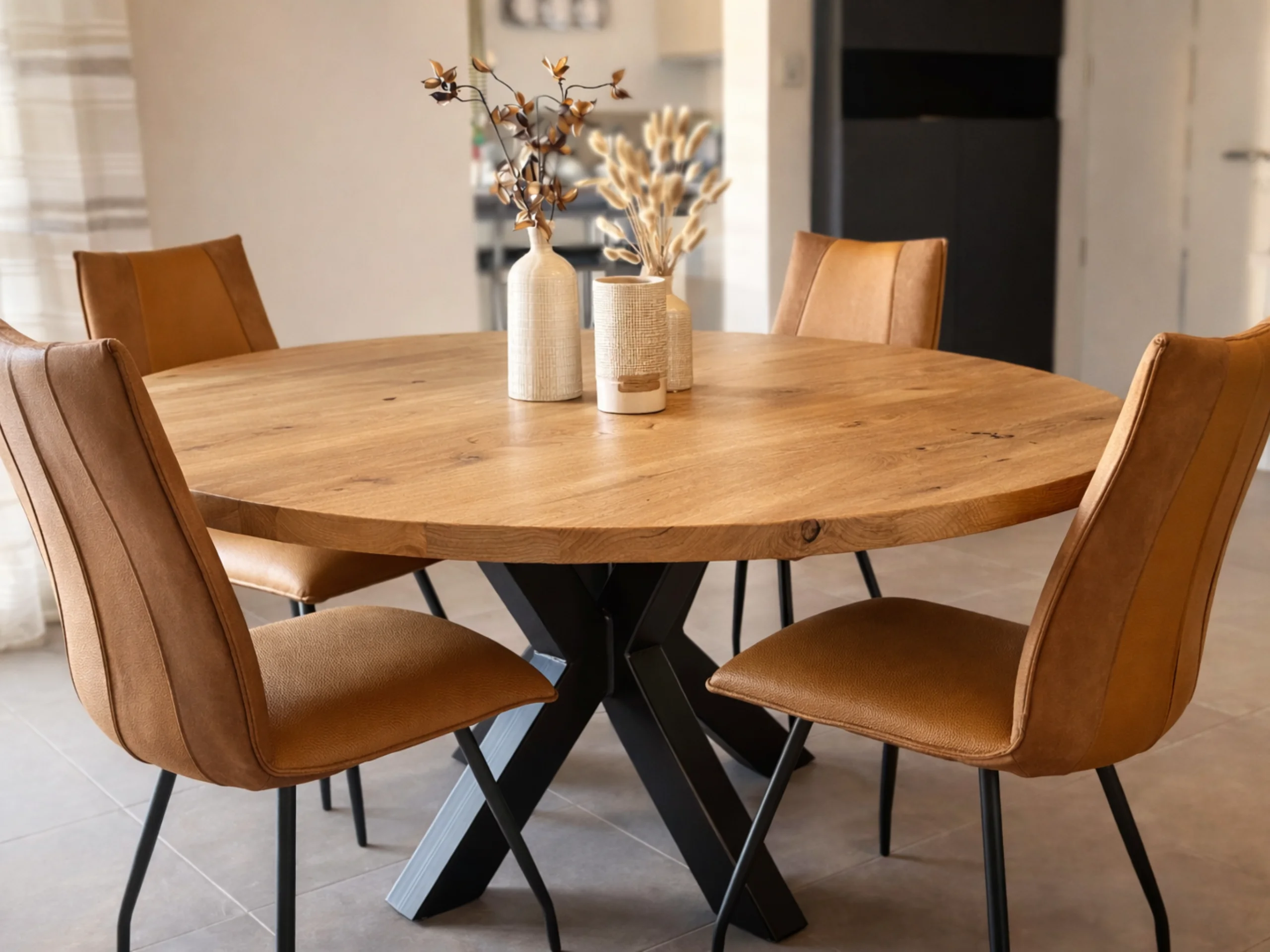 A round table in a dining room