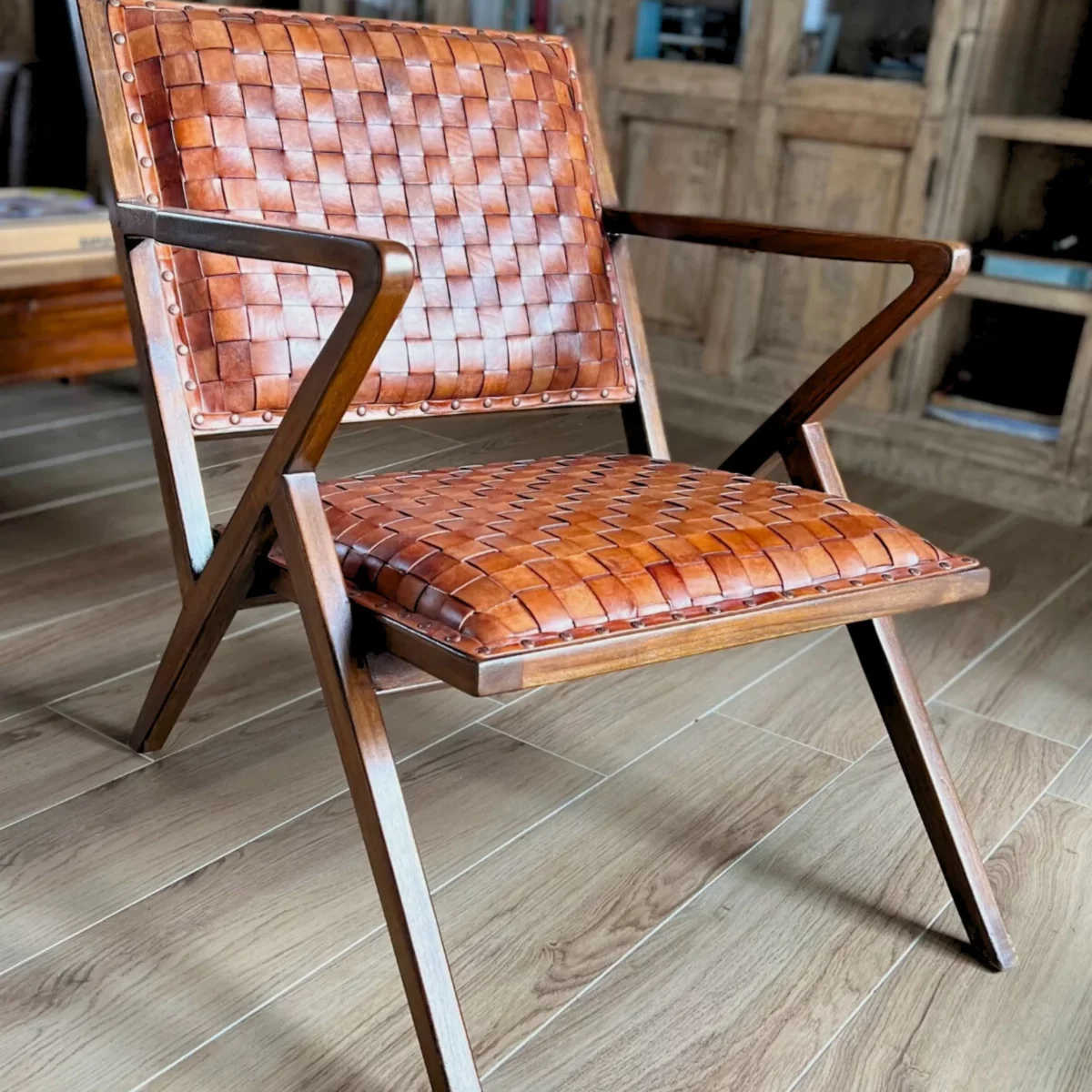 Woven leather armchair