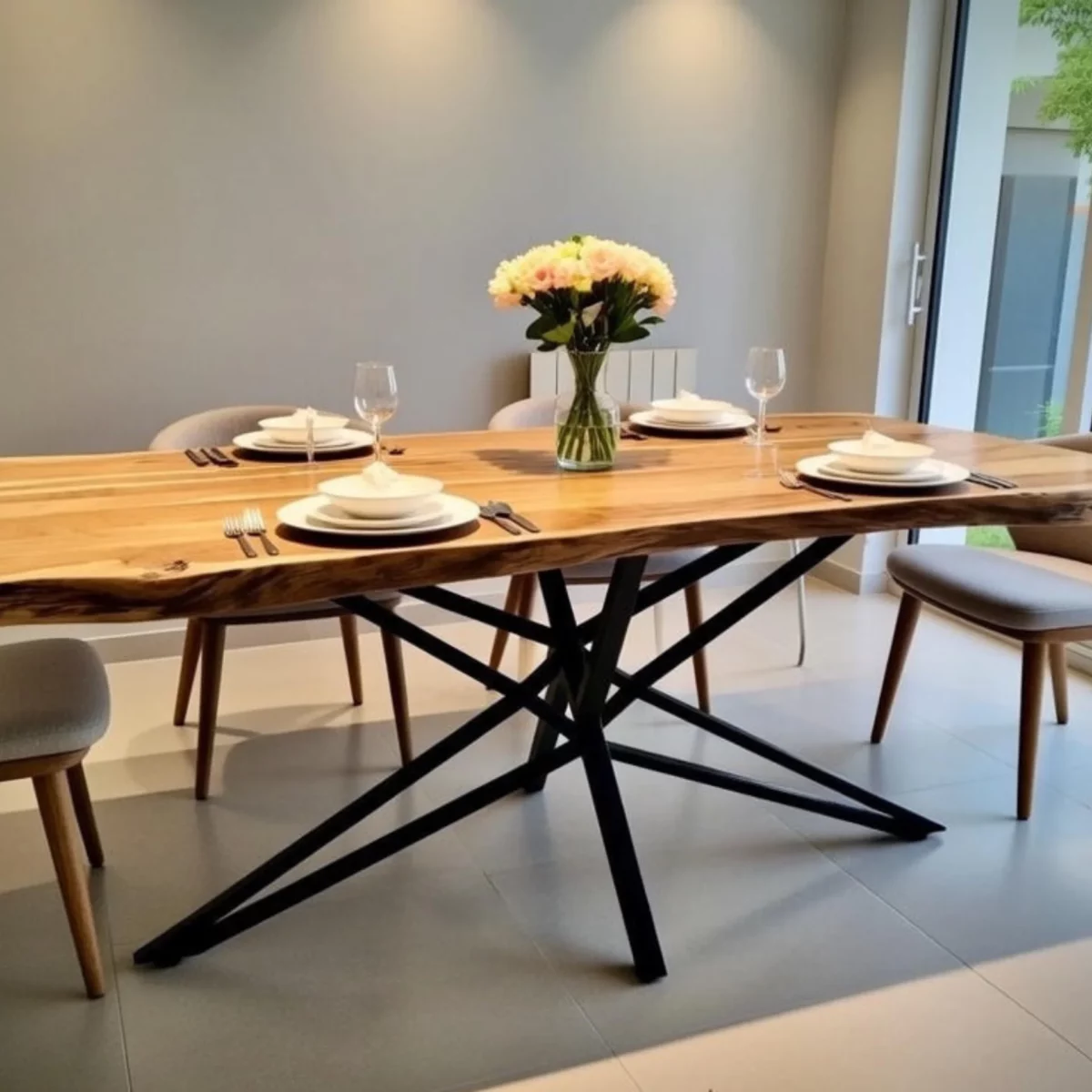 Une table en bois massif dans un salon au style industriel