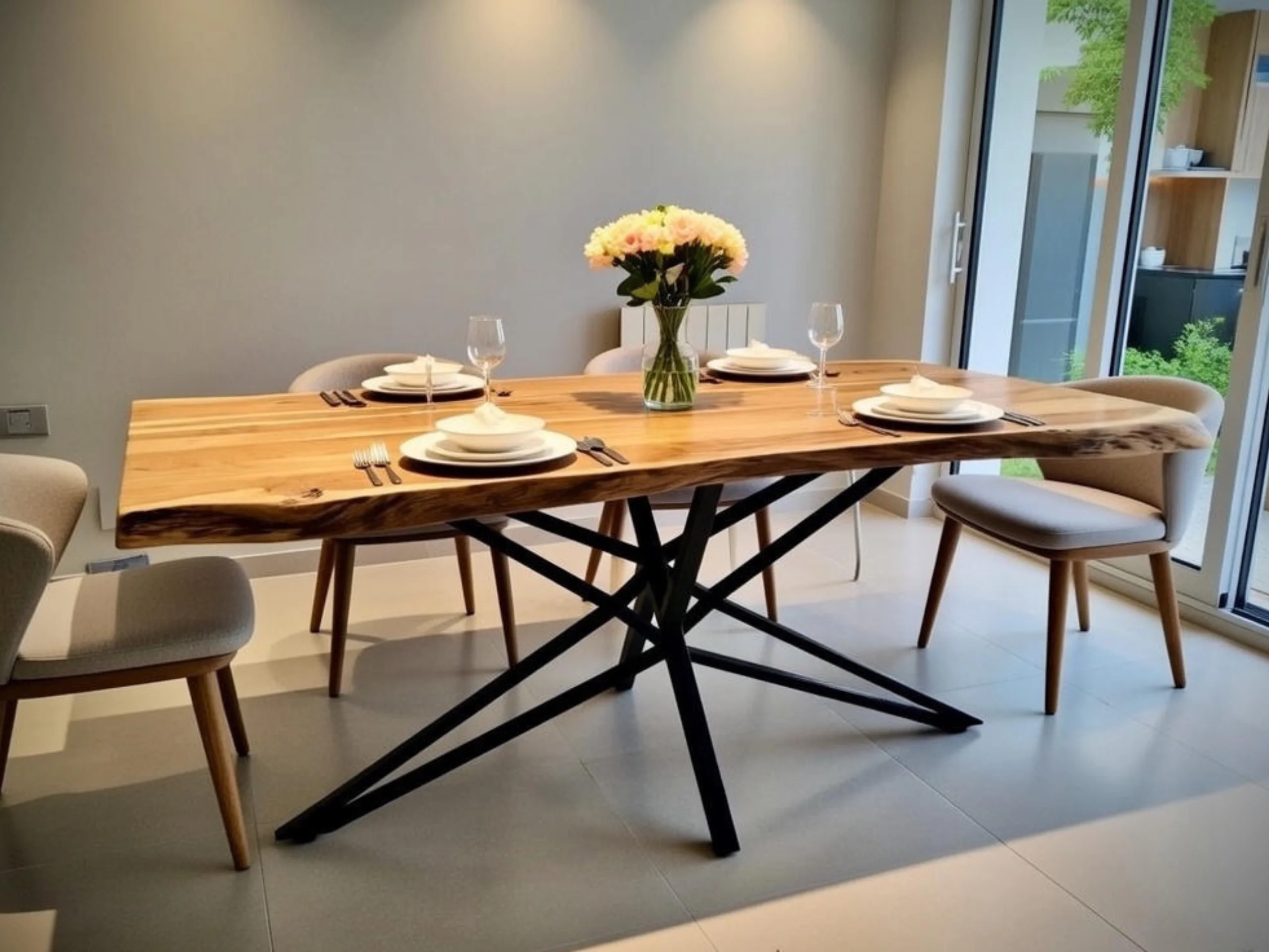 A solid wood table in an industrial-style living room