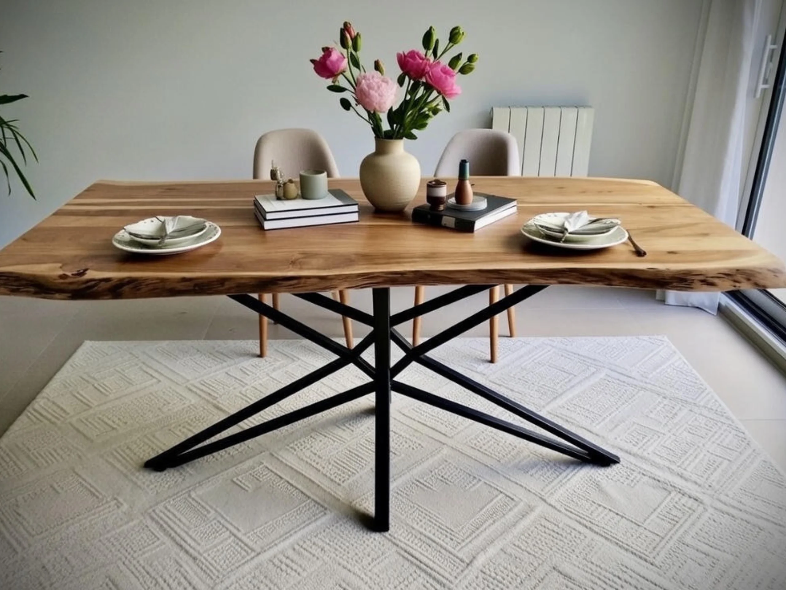 A solid wood dining table in a living room