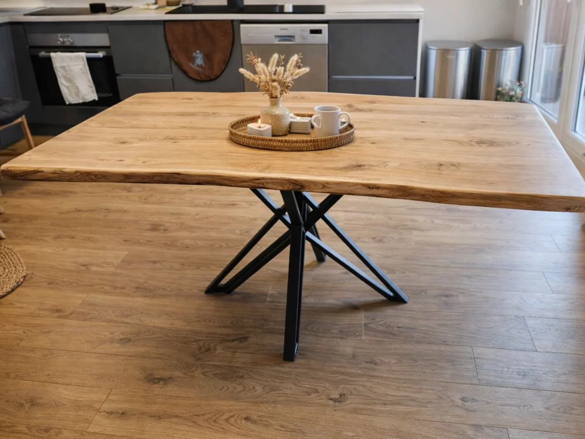 A dining table in a kitchen