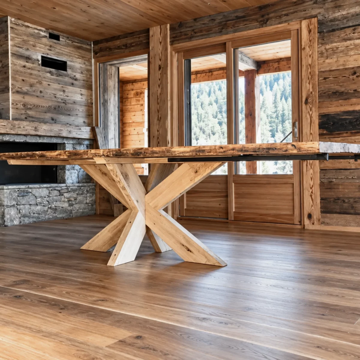 Une table à manger en chêne avec un pied central