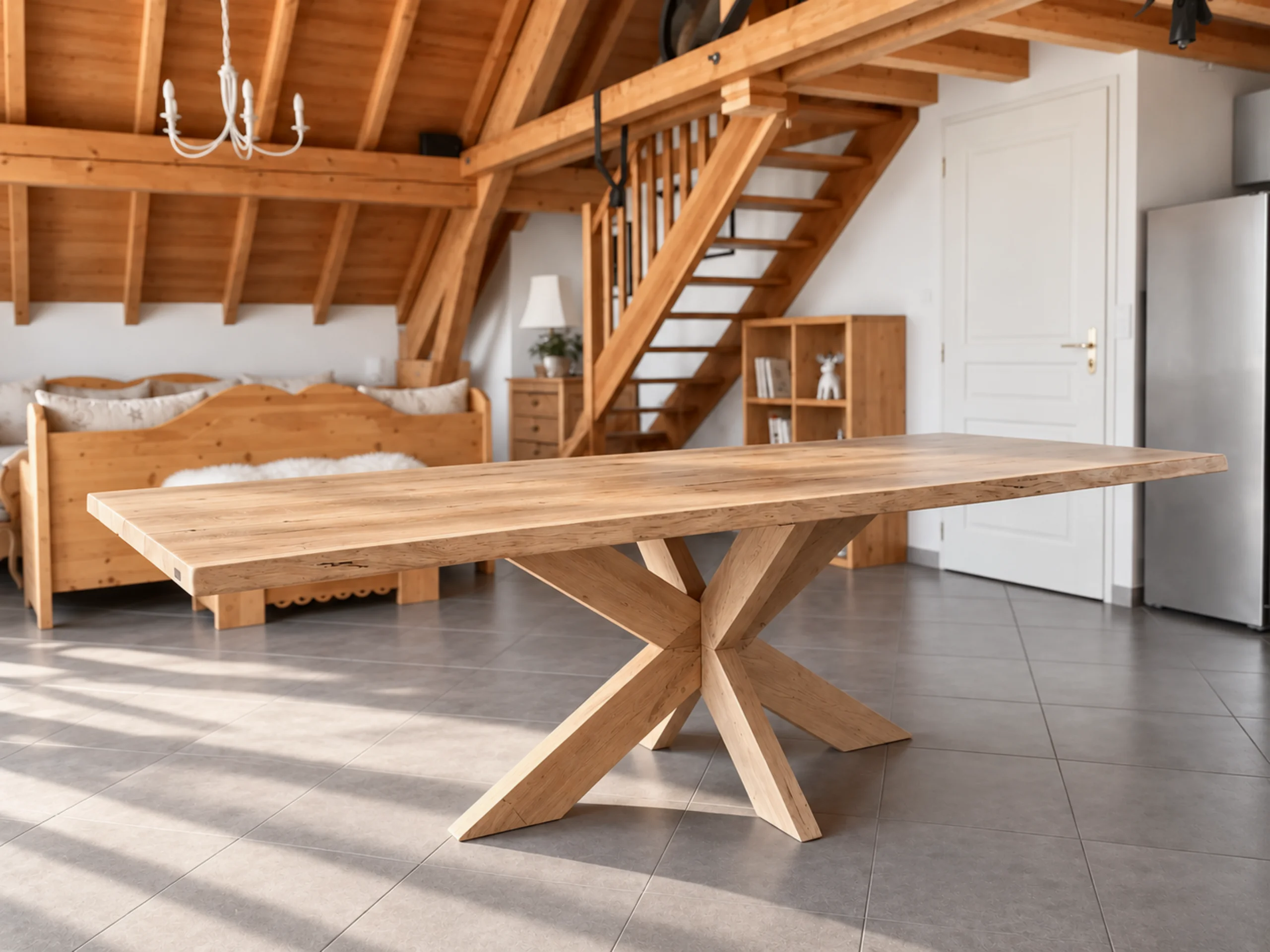 Une table en chêne avec un pied central