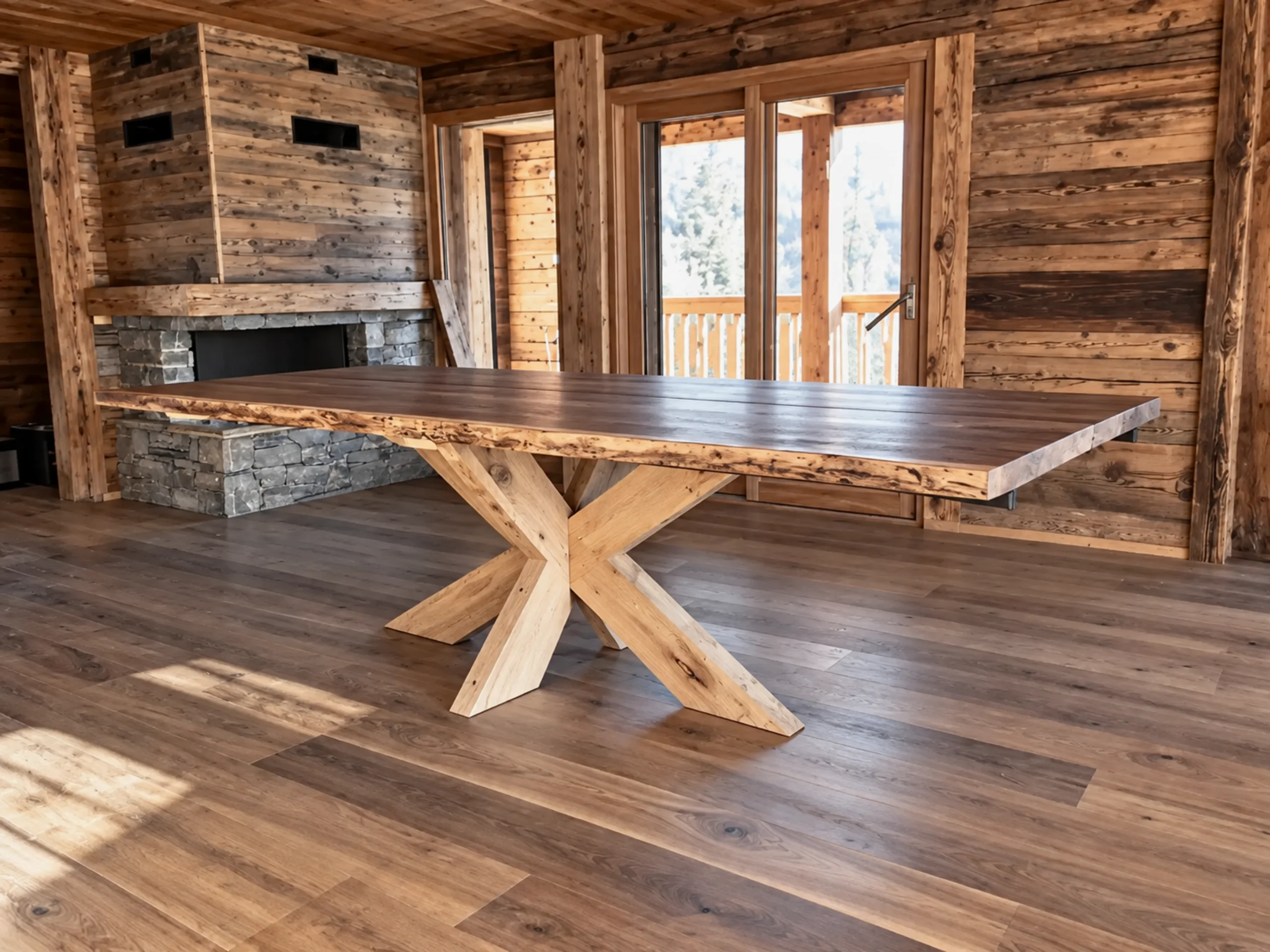 Une table avec un pied central en bois massif