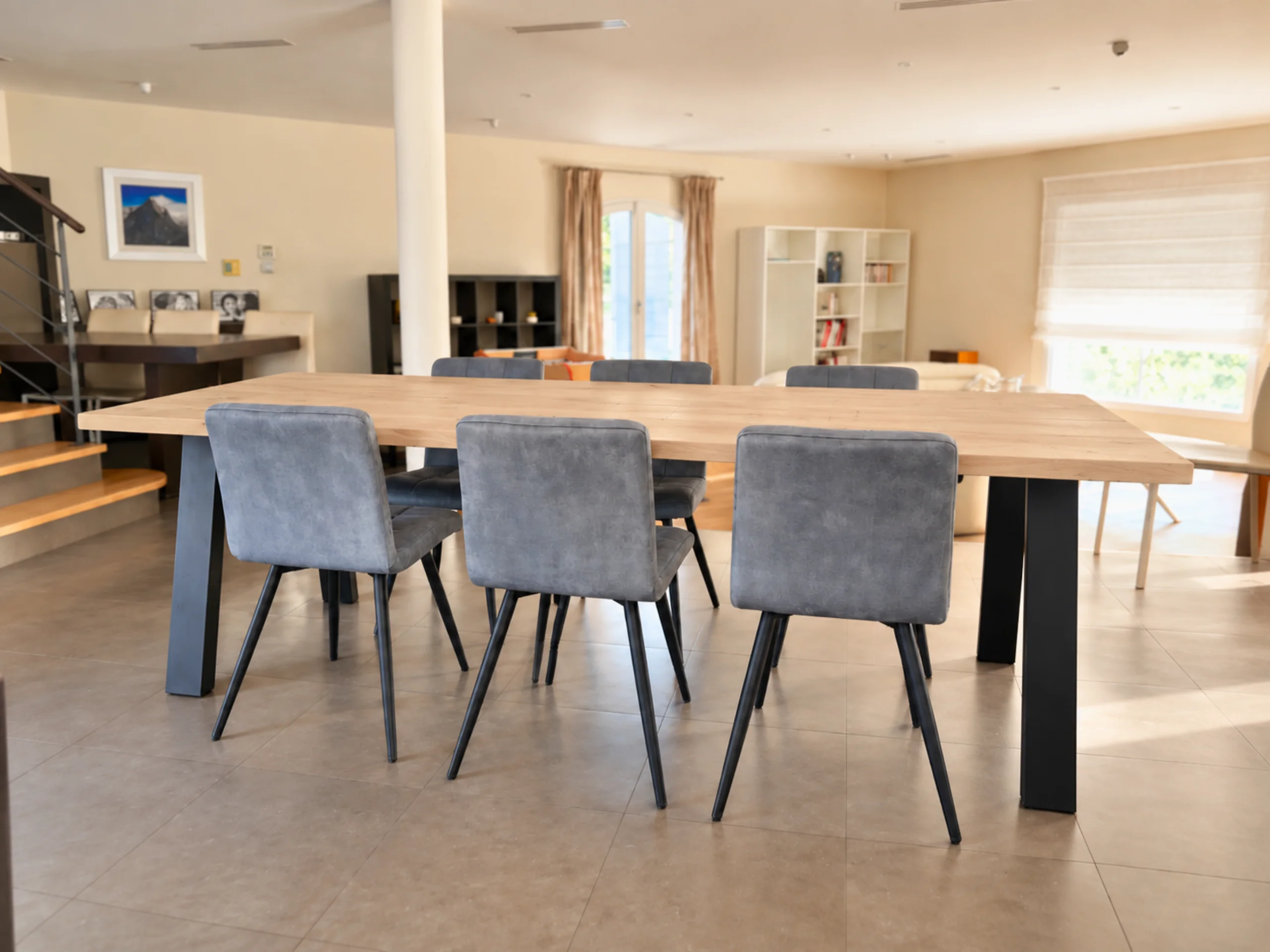 A wood and metal dining table